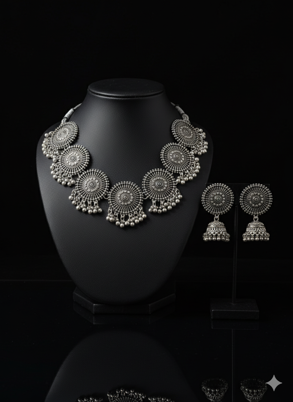 Oxidized Silver Choker Set with Jhumka Earrings