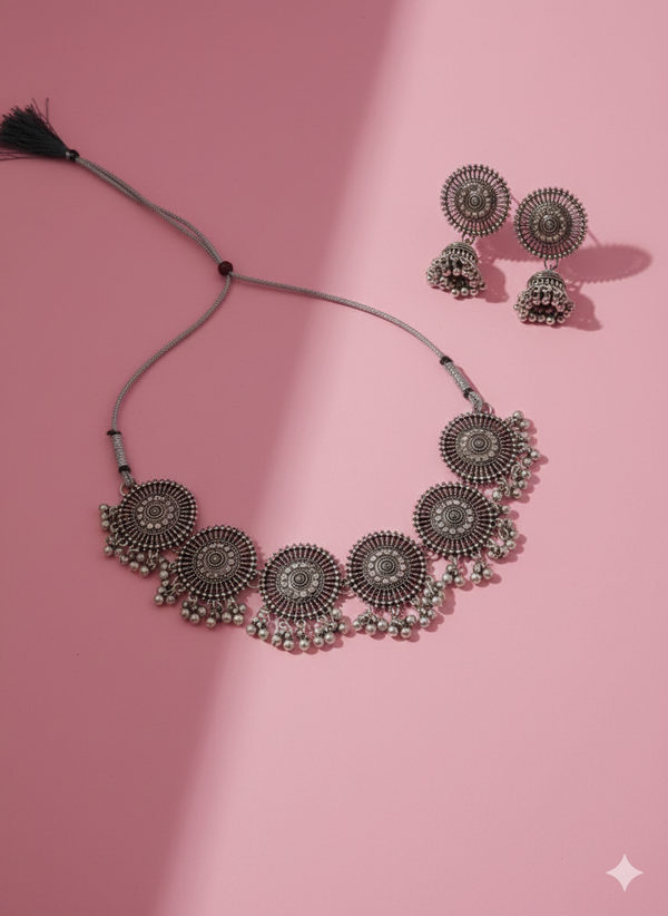 Oxidized Silver Choker Set with Jhumka Earrings